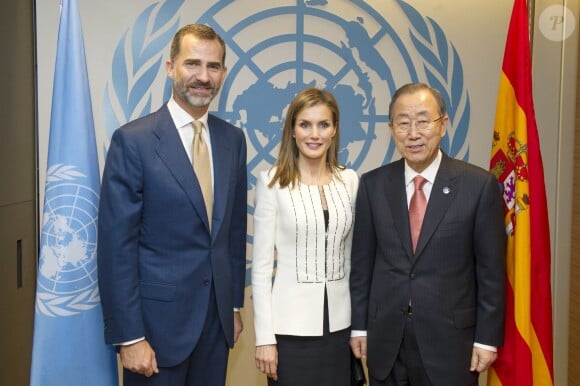 Le roi Felipe VI d'Espagne, la reine Letizia d'Espagne, Ban Ki-moon lors de la conférence sur le changement climatique à l'ONU, à New York le 23 septembre 2014.