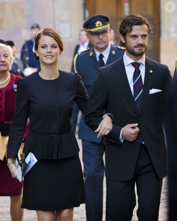 Le prince Carl Philip de Suède et Sofia Hellqvist - La famille royale de Suède se rend à l'église à l'occasion de l'ouverture de la session parlementaire à Stockholm le 30 septembre 2014