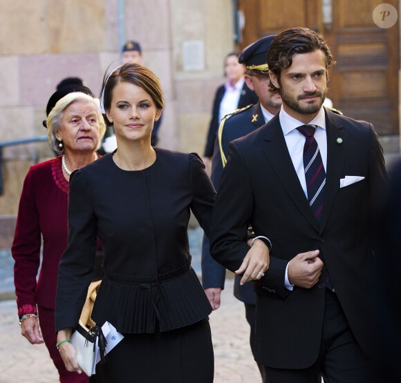 Le prince Carl Philip de Suède et Sofia Hellqvist - La famille royale de Suède se rend à l'église à l'occasion de l'ouverture de la session parlementaire à Stockholm le 30 septembre 2014