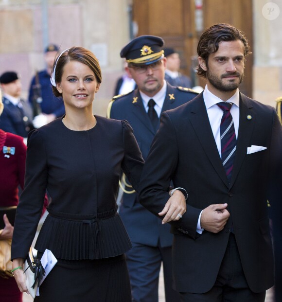 Le prince Carl Philip de Suède et Sofia Hellqvist - La famille royale de Suède se rend à l'église à l'occasion de l'ouverture de la session parlementaire à Stockholm le 30 septembre 2014
