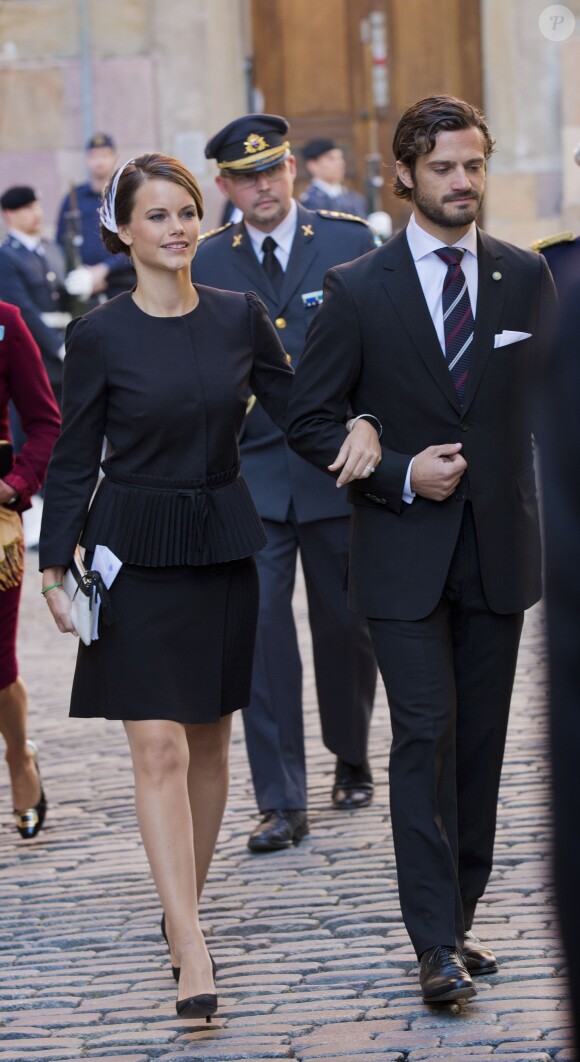 Le prince Carl Philip de Suède et Sofia Hellqvist - La famille royale de Suède se rend à l'église à l'occasion de l'ouverture de la session parlementaire à Stockholm le 30 septembre 2014