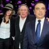 Anne Parillaud, Gérard Depardieu et Carlos Ghosn lors de la soirée d'inauguration des nouvelles Renault Espace et Clio lors du salon de l'automobile au Parc des Expositions de la porte de Versailles à Paris, le 2 octobre 2014.