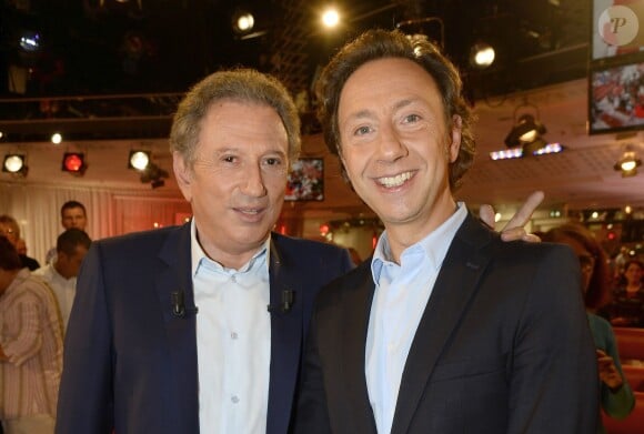 Michel Drucker et Stéphane Bern - Enregistrement de l'émission "Vivement Dimanche", le 8 octobre 2014.
