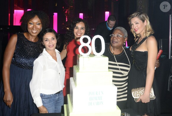 Nadège Beausson-Diagne, Saïda Jawad, Aïda Touihri, Firmine Richard, Eléonore Boccara lors de la soirée des 80 ans du parfum Pour Un Homme de Caron, au Théâtre du Renard, à Paris, le 9 octobre 2014.