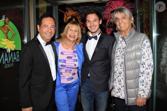 Exclusif - Stone et son mari Mario d'Alba, Jean-Luc Romero et Christophe Michel - Premier anniversaire de mariage de Jean-Luc Romero et Christophe Michel au Banana Café à Paris, le 28 septembre 2014.