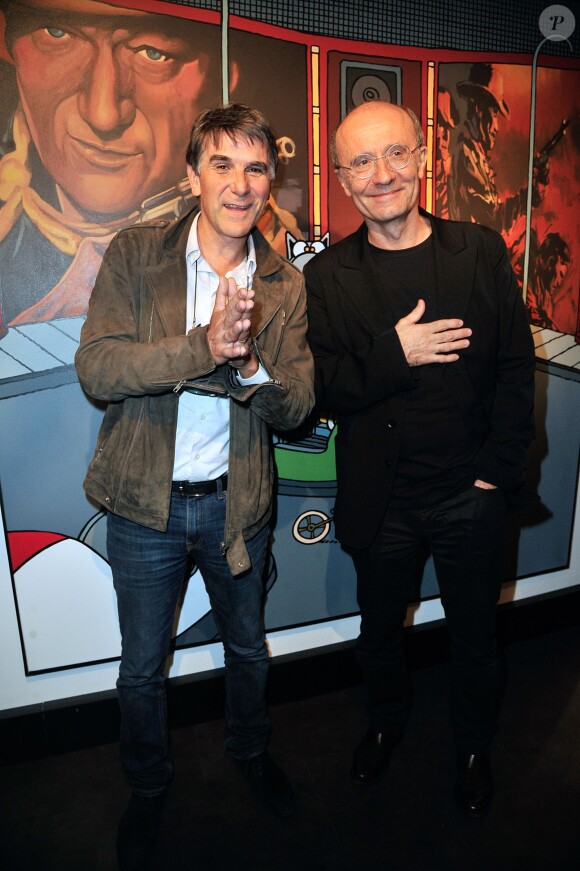 Tex et Philippe Geluck - Vernissage de l'exposition "Tout L'Art Du Chat" de Philippe Geluck à la galerie Huberty-Breyne à Paris, le 14 octobre 2014.