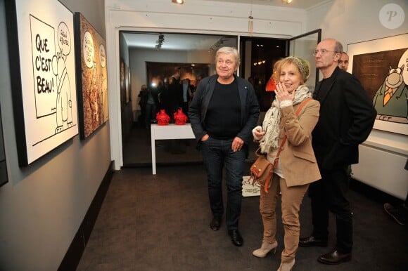 Philippe Geluck, Catherine Barma et son mari Philippe Lefebvre - Vernissage de l'exposition "Tout L'Art Du Chat" de Philippe Geluck à la galerie Huberty-Breyne à Paris, le 14 octobre 2014