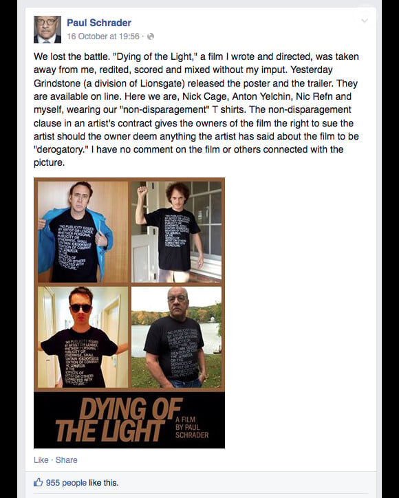 Capture d'écran de la page Facebook de Paul Schrader dans laquelle il aborde le boycott de son propre film, Dying of the Light