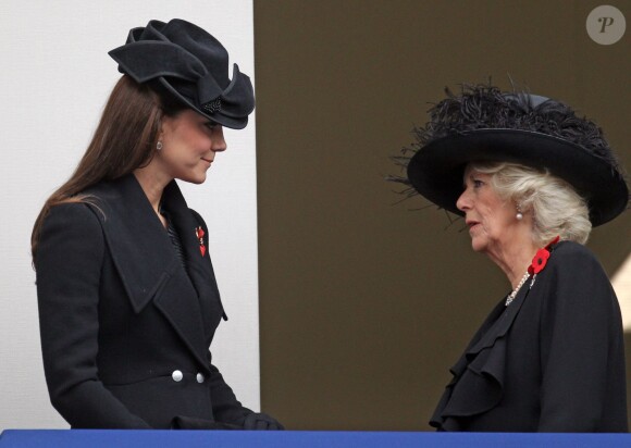 Kate Middleton, enceinte, et Camilla Parker Bowles complices lors de la célébration du remembrance sunday le  novembre 2014 au Cénotaphe de Whitehall, à Londres.