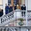La princesse Victoria de Suède, la princesse Martha-Louise de Norvège, la princesse Mette-Marit de Norvège, le prince Haakon de Norvège, Ari Behn, le prince Daniel de Suède lors des funérailles de la princesse Kristine Bernadotte en la chapelle du palais royal Drottningholm à Stockholm, le 15 novembre 2014.