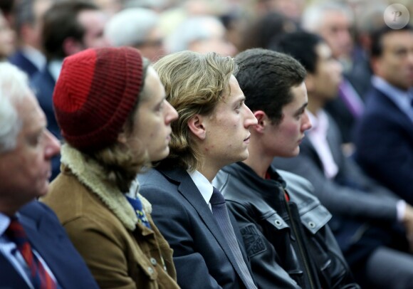 Pierre, Jean et Louis Sarkozy au meeting de leur père Nicolas Sakozy à Boulogne-Billancourt le 25 novembre 2014