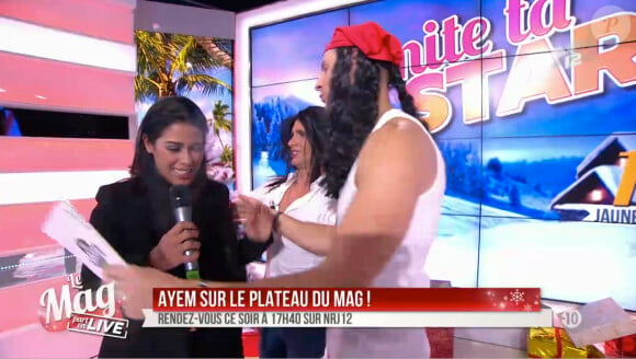 Ayem Nour pleure lorsqu'elle retrouve Matthieu Delormeau et Benoit dans Le Mag de NRJ12, le 5 décembre 2014