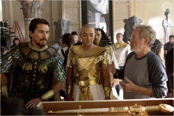 Christian Bale et Joel Edgerton face à Ridley Scott sur le tournage d'Exodus - Gods and Kings