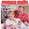 Le prince Albert II de Monaco et la princesse Charlene avec les jumeaux Jacques et Gabriella, nés le 10 décembre 2014, en couverture de Monaco-Matin.
