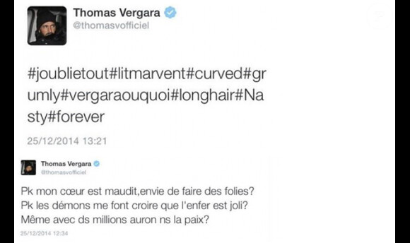 Thomas a tweeté deux messages avant de le supprimer. Il semblerait que ces derniers étaient adressés à Nabilla. Le 25 décembre 2014.