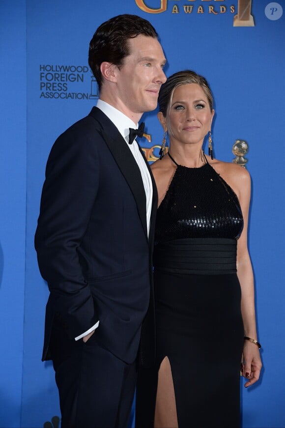 Benedict Cumberbatch et Jennifer Aniston en pressroom à la 72e cérémonie des Golden Globe Awards à Beverly Hills, le 11 janvier 2015.