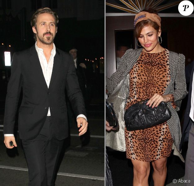 Ryan Gosling et Eva Mendes au théâtre à Beverly Hills le 17 janvier 2014, pour aller voir Don Rickers sur scène (photomontage)