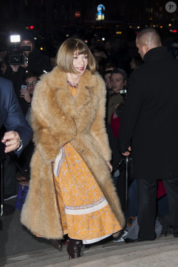 Anna Wintour arrive au Palais de Tokyo pour assister au défilé haute couture Giorgio Armani Privé printemps-été 2015. Paris. Le 27 janvier 2015.