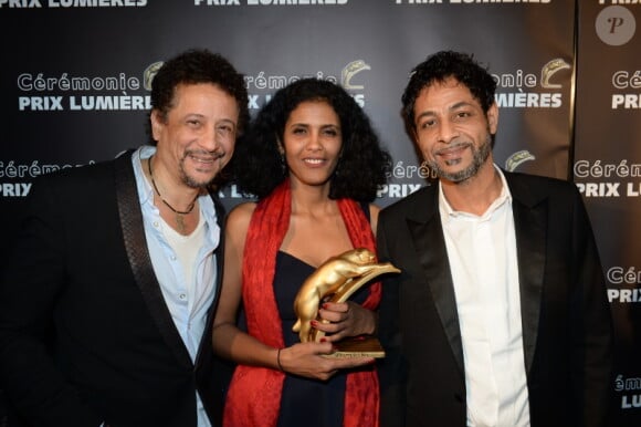Exclusif - Abel Jafri, Toulou Kiki, Hichem Yacoubi (du film Timbuktu) lors de la 20e cérémonie des Prix Lumières à l'espace Pierre Cardin à Paris, le 2 février 2015. 