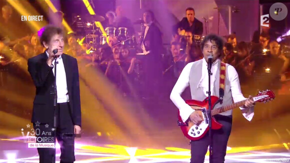 Alain Souchon et Laurent Voulzy sur la scène des 30e Victoires de la musique, au Zénith de Paris, le 13 février 2015.