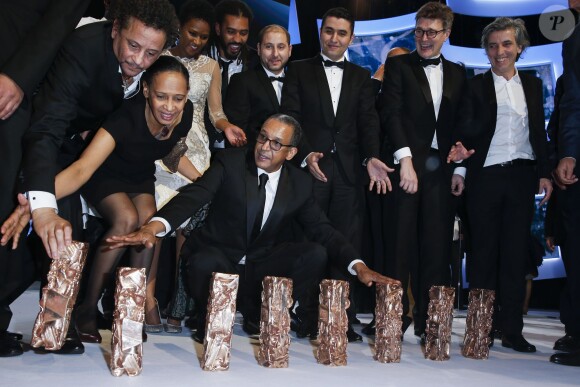 Abderrahmane Sissako (7 César dont Meilleur film et Meilleur réalisateur pour Timbuktu) et son équipe - 40e cérémonie des César au théâtre du Châtelet à Paris, le 20 février 2015.