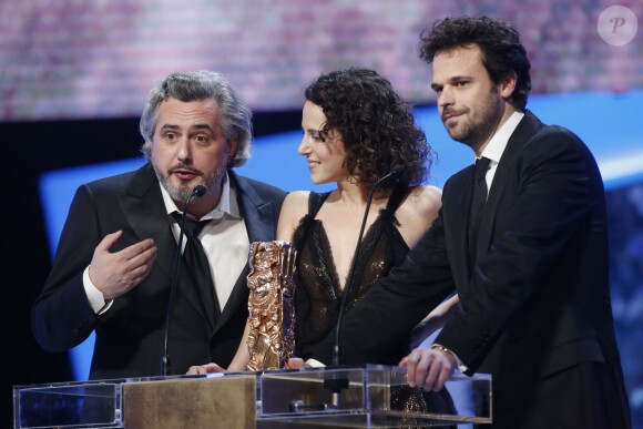 Nicolas Rey, Emma Luchini, Romain Rousseau (césar du meilleur film de court-métrage pour le film "La femme de Rio") - 40e cérémonie des César au théâtre du Châtelet à Paris, le 20 février 2015.