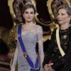 Le roi Felipe VI et la reine Letizia d'Espagne présidaient au palais du Pardo (Madrid) le 2 mars 2015 un dîner officiel en l'honneur du président de la Colombie Juan Manuel Santos et son épouse Clemencia, à l'occasion de leur visite d'Etat du 1er au 3mars 2015