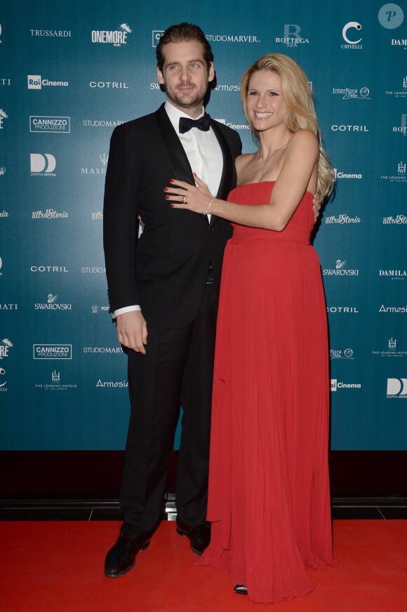 Tomaso Trussardi et Michelle Hunziker (enceinte) - Dîner du festival du film Rome le 22 octobre 2014.