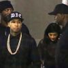 Tyga et Kylie Jenner dans les coulisses du Forum à Inglewood, lors du concert de la tournée "Between the Sheets" avec Chris Brown et Trey Songz. Inglewood, Los Angeles, le 8 mars 2015.