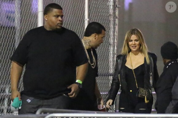 Khloé Kardashian et French Montana dans les coulisses du Forum lors du concert de la tournée "Between the Sheets" avec Tyga, Chris Brown et Trey Songz. Inglewood, Los Angeles, le 8 mars 2015.