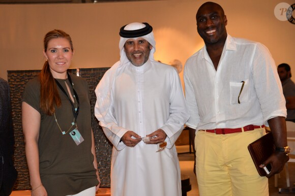 Exclusif - Fiona Barratt-Campbell, Abdelmonem bin Eisa Alserkal (fondateur de Alserkal Avenue pour l'art et la culture), Sol Campbell - Exposition de Fiona Barratt-Campbell en partenariat avec Alexander Mc Queen à Dubaï aux Emirats Arabes Unis le 15 mars 2015.