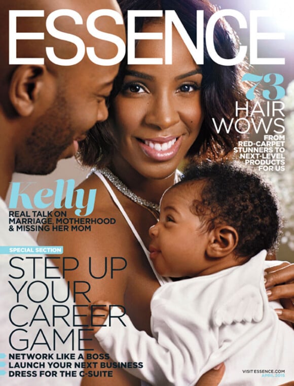 Kelly Rowland, Tim Weatherspoon et leur fils Titan en couverture du numéro d'avril 2015 du magazine Essence.