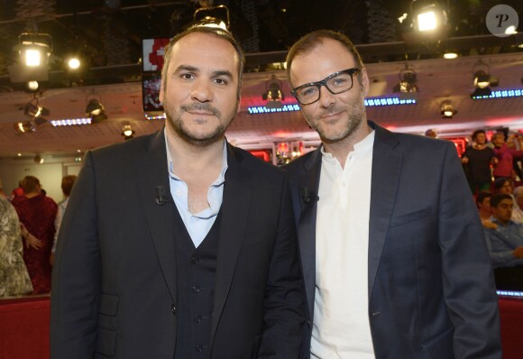 François-Xavier Demaison et Pef (Pierre-François Martin-Laval) - Enregistrement de l'émission "Vivement Dimanche" à Paris le 15 avril 2015. L'émission sera diffusée le 19 Avril 2015.