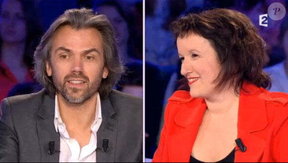 Anne Roumanoff face à Aymeric Caron, dans On n'est pas couché sur France 2, le samedi 18 avril 2015.