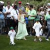 Tiger Woods avec Lindsey Vonn et ses enfants Sam et Charlie, le 8 avril 2015 au Masters d'Augusta à l'occasion du Par 3 Contest à l'Augusta National Golf Club d'Augusta
