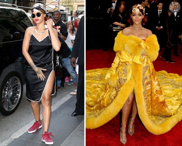 Rihanna, détendue en journée et transformée pour le Met Gala 2015. New York, le 4 mai 2015.