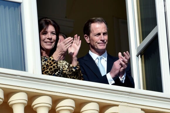La princesse Caroline de Hanovre et Christopher LeVine lors de la présentation de la princesse Gabriella et du prince Jacques de Monaco au balcon du palais princier de Monaco, le 7 janvier 2015