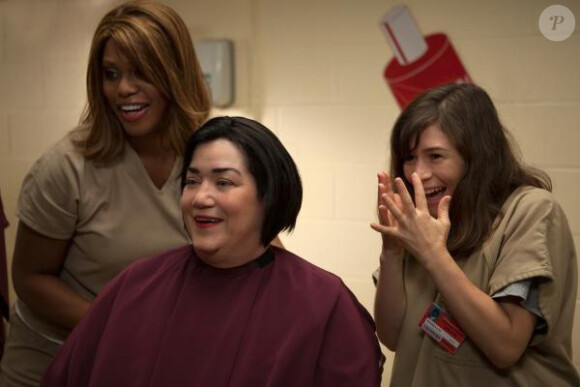 Laverne Cox, Lea DeLaria et Yael Stone dans la saison 3 d'Orange Is The New Black, le 12 juin 2015 sur Netflix.
