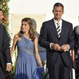 Felipe, Letizia, Iñaki Urdangarin et Cristina d'Espagne en août 2010 au mariage du prince Nikolaos de Grèce. L'infante Cristina a été déchue le 12 juin 2015 de son titre de duchesse de Palma de Majorque, sur décision de son frère le roi Felipe VI, en raison de sa mise en examen dans l'affaire Noos.