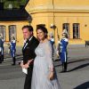 La princesse Madeleine, enceinte de huit mois, lors de son arrivée avec son mari Christopher O'Neill à Skeppsholmen pour le dîner de répétition du mariage du prince Carl Philip de Suède et Sofia Hellqvist, le 12 juin 2015 à Stockholm.