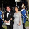 La princesse Madeleine, enceinte de huit mois, lors de son arrivée avec son mari Christopher O'Neill à Skeppsholmen pour le dîner de répétition du mariage du prince Carl Philip de Suède et Sofia Hellqvist, le 12 juin 2015 à Stockholm.