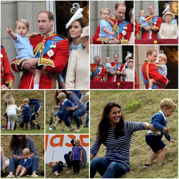 Photomontage Purepeople : le week-end du prince George de Cambridge les 13 et 14 juin 2015, lors de Trooping the Colour à Londres puis au Beaufort Polo Club dans le Gloucestershire.