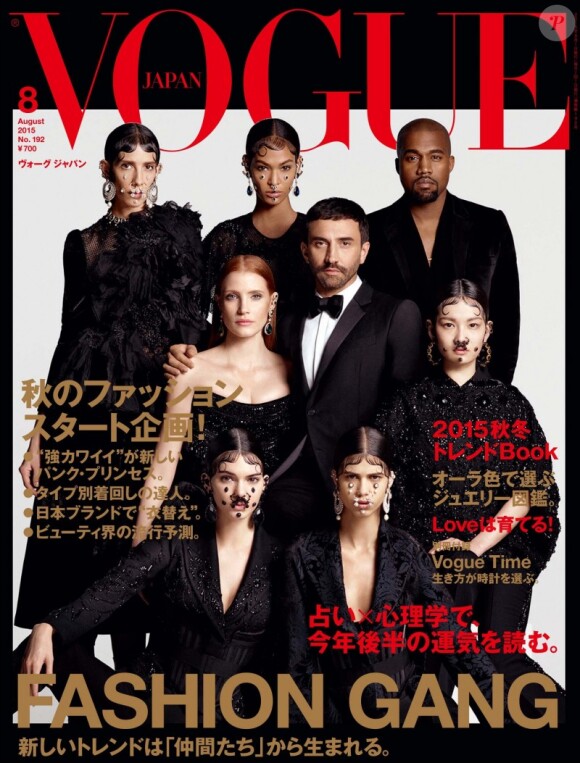 Kanye West, Joan Smalls, Jamie Bochert, Riccardo Tisci, Jessica Chastain, Kozue Akimoto, Mica Arganaraz et Kendall Jenner en couverture du numéro d'août 2015 de Vogue Japan.