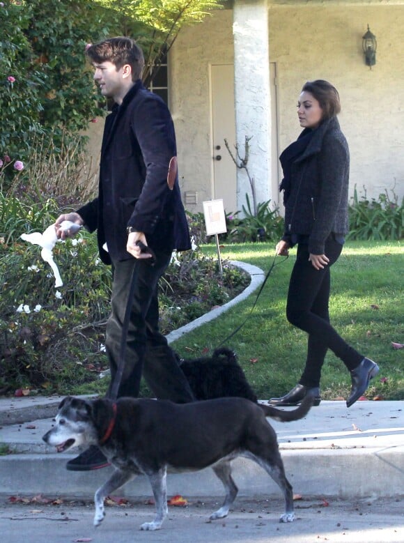 Ashton Kutcher et sa petite amie Mila Kunis promenent leurs chiens de bon matin a Los Angeles, le 13 janvier 2014. 
