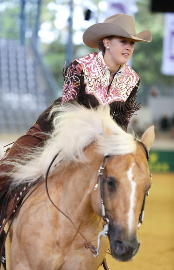 Gina Schumacher of Germany rides her horse Sharp Dressed Shiner prior to the final team competition Reining during the FEI European Championships in Aachen, Germany, 14 August 2015. Photo by Uwe Anspach/dpa/ABACAPRESS.COM14/08/2015 - Aachen