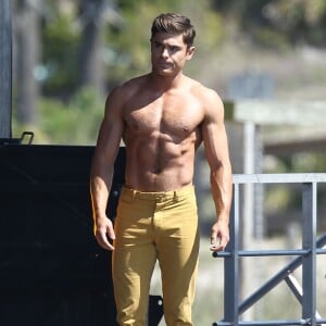 Zac Efron torse nu, sur le tournage du film "Dirty Grandpa" à Tybee Island en Georgie, le 30 avril 2015.