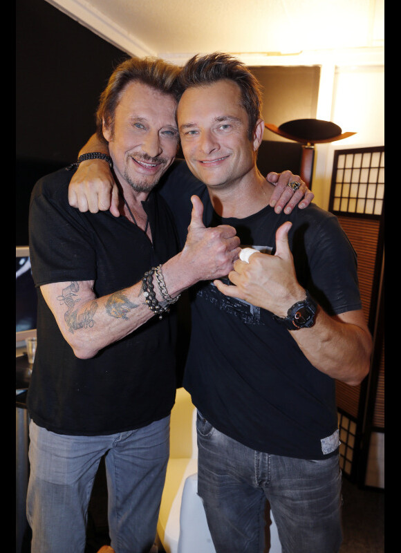 Exclusif - Johnny Hallyday et son fils David - People au concert de Johnny Hallyday au POPB de Bercy à Paris - Jour 2. Le 15 juin 2013.