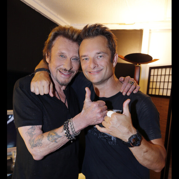 Exclusif - Johnny Hallyday et son fils David - People au concert de Johnny Hallyday au POPB de Bercy à Paris - Jour 2. Le 15 juin 2013.