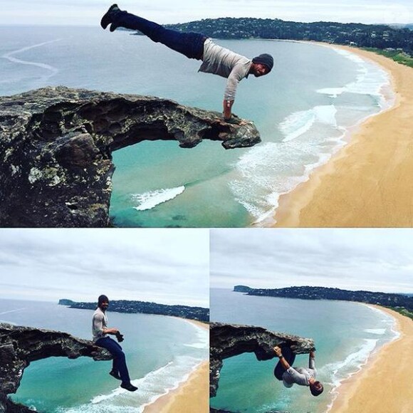 Kellan Lutz s'entraîne au bord d'une falaise en Australie / photo postée sur le compte Twitter de l'acteur américain.
