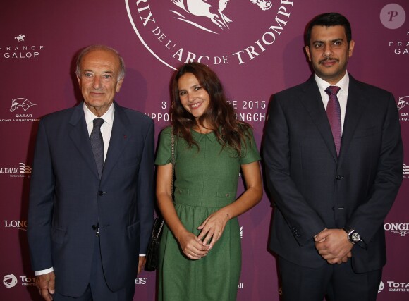 Bertrand Bélinguier (président de France Galop), Virginie Ledoyen, guest - Soirée de lancement du Qatar Prix de l'Arc de Triomphe 2015, le Championnat du Monde des Pur-Sang à l'Arc de Triomphe à Paris, le 15 septembre 2015.